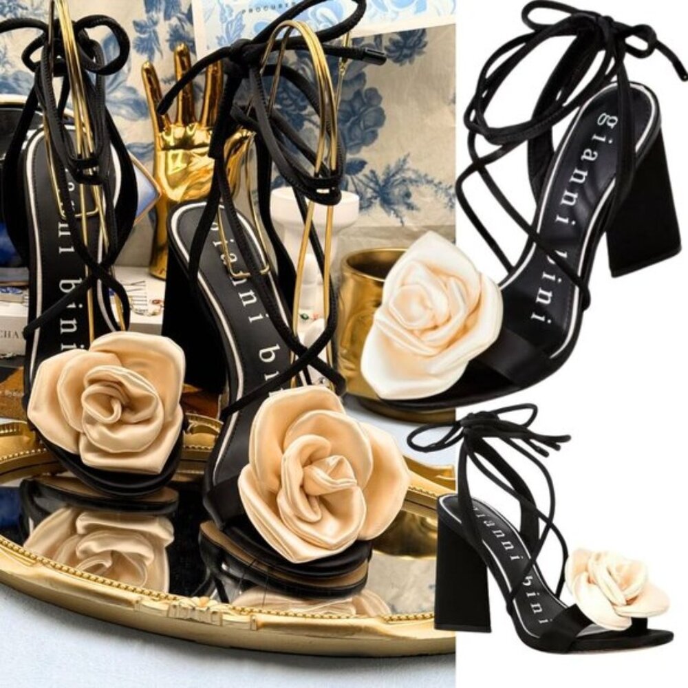 🆕 GIANNI BINI 🧿 NWOB Dakota Satin Flower Wrap Around Sandals, Black - Sz 8M